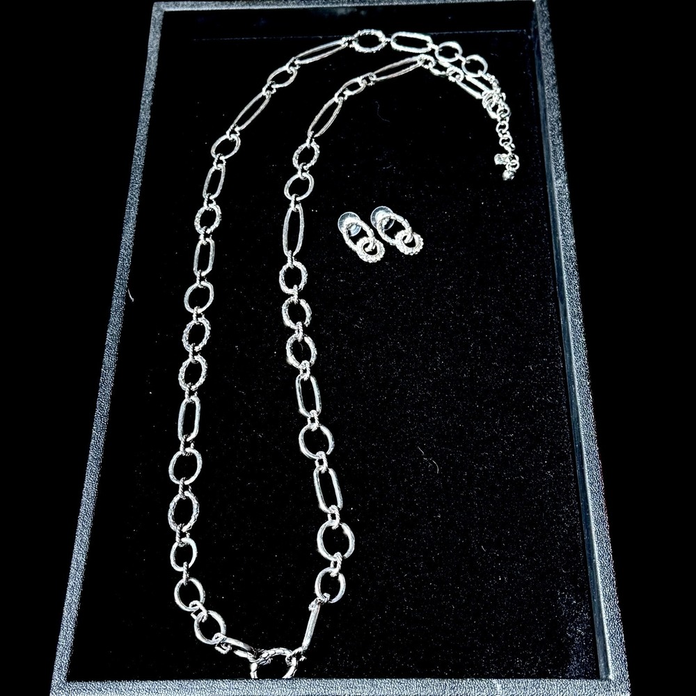 Brighton Silver Long Link Necklace Drop Earrings Set Textured Oval Links Retired - Picture 13 of 14